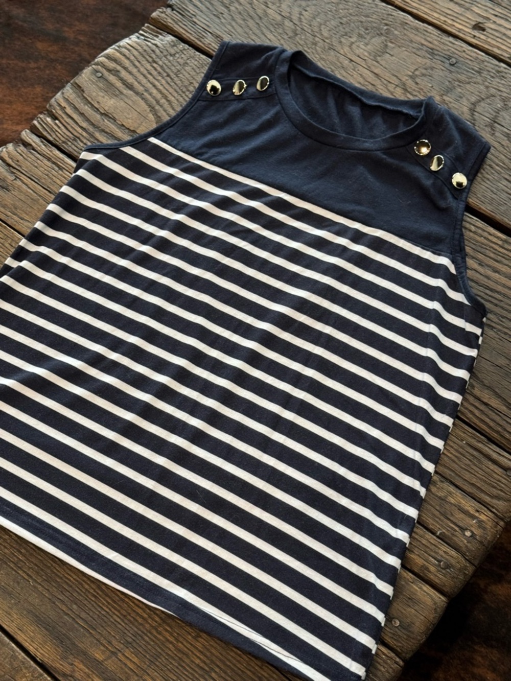 Navy and White Striped Sleeveless Top with Gold Button Detail Womens Large - Picture 1 of 5